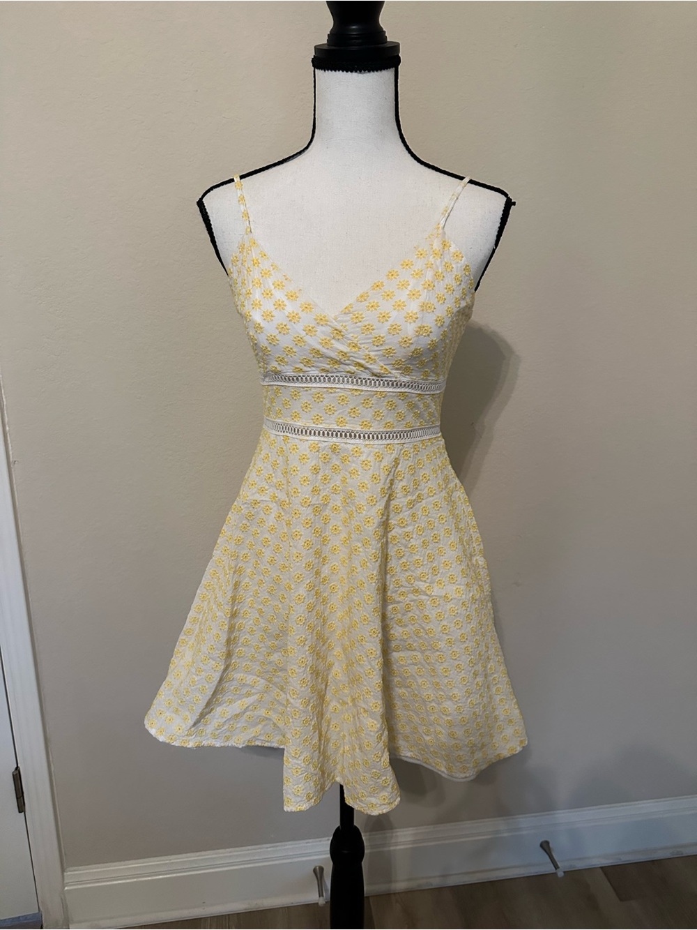 Trixxi Yellow Floral Lace-Trim Mini Dress